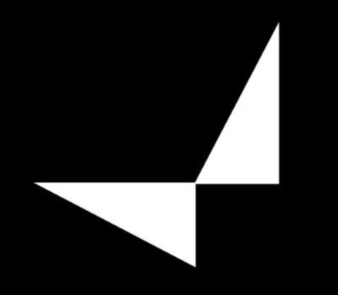 A minimalist black-and-white geometric logo shows two sharp white triangular shapes meeting near the center.