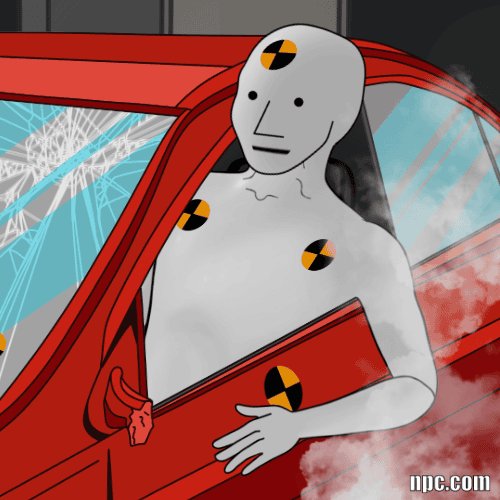 The image features a cartoon depiction of a man wearing a white shirt, holding a book with yellow and black stickers attached to his arm. He appears to be sitting inside a car that has been damaged by an accident or crash. The scene includes smoke coming from the car's hood, indicating potential damage. The man is also holding onto a broken window in the car.