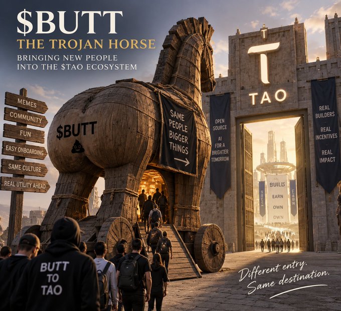 The image depicts a Trojan Horse labeled "$BUTT" being wheeled toward a stone fortress marked "TAO," with banners highlighting slogans like "Same People Bigger Things," "Open Source AI for a Brighter Tomorrow," "Build Earn Own," and "Real Builders, Real Incentives, Real Impact," alongside the tagline "Different entry. Same destination." A crowd wearing "$BUTT TO TAO" shirts approaches, and directional signs list values such as "MEMES, COMMUNITY, FUN, EASY ONBOARDING, SAME CULTURE, REAL UTILITY AHEAD." This visualizes the post's metaphor of $BUTT serving as a "Trojan Horse" that funnels meme-driven investors into the Bittensor ($TAO) ecosystem and its subnets, where they may discover deeper participation and incentives.