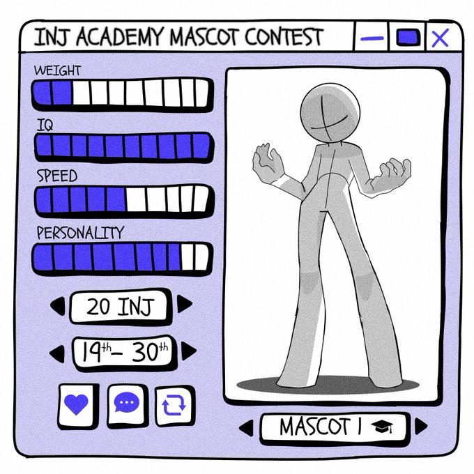 An illustration styled as a Windows dialog box titled 'INJ ACADEMY MASCOT CONTEST' shows a gray humanoid figure with stats for Weight, IQ, Speed, and Personality, priced at '20 INJ' for ages '19th-30th'.