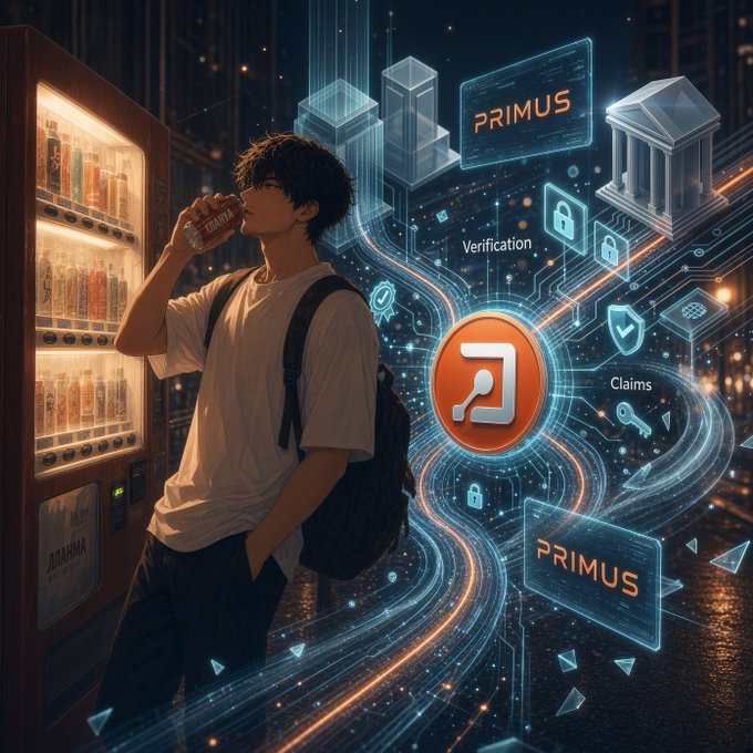 A digital illustration of a young man with a backpack drinking from a bottle while standing next to a glowing vending machine, surrounded by futuristic floating graphics labeled 'PRIMUS', 'Verification', and 'Claims' alongside padlock and key icons.