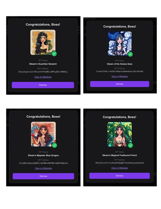 Four digital NFT cards displayed in dark frames, each showing a fantasy female character with the text "Congratulations, Boss!" and labels including "Gleam's Guardian Serpent," "Gleam of the Solana Seas," "Gleam's Majestic Blue Dragon," and "Gleam's Magical Feathered Friend," along with Solana addresses and a "View on Metaplex" link.