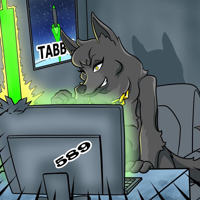 A digital illustration of an anthropomorphic dark gray wolf character angrily using a computer with the number '589' on the screen, set in a dark room with a 'TABB' poster in the background.