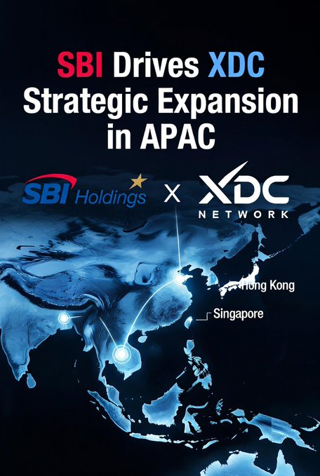 The image features a map of Asia-Pacific with blue lines representing financial hubs like Japan, Hong Kong, and Singapore. The title "SBI drives XDC strategic expansion in APAC" is written above the map, indicating that SBI Holdings is aggressively driving an expansion into the region. The post also mentions that this isn't just market presence but about forging deep institutional alliances to drive real adoption of their services across these financial hubs.