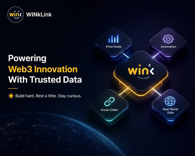 A dark promotional image for 'WINKLink' with the text 'Powering Web3 Innovation With Trusted Data' and 'Build hard. Rest a little. Stay curious.', showcasing icons for Price Feeds, Automation, Cross-Chain, and Real-World Data.