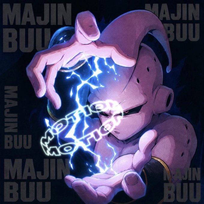 An anime-style illustration of Majin Buu from Dragon Ball Z charging a glowing blue energy attack, with 'MAJIN BUU' text repeated in the background.
