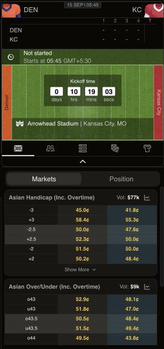 A sports betting app interface showing an upcoming game between Denver (DEN) and Kansas City (KC) at Arrowhead Stadium, with a countdown of 0 days, 10 hours, 19 minutes, and odds for Asian Handicap and Over/Under.