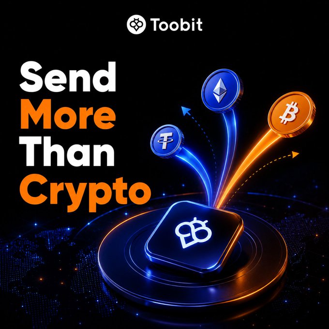 A Toobit promotional graphic titled "Send More Than Crypto" features a glowing digital token with light streams launching Bitcoin (₿), Ethereum (Ξ), and USDT (₮) coins outward, visually illustrating the platform's Lucky Gift feature that lets users share crypto surprises with friends or their community.