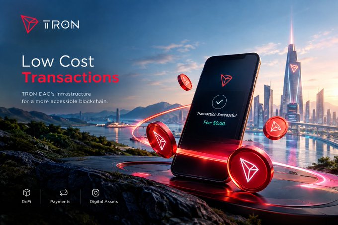A promotional graphic for TRON cryptocurrency highlighting "Low Cost Transactions," showing a smartphone displaying a successful transaction with $0.00 fee, with red TRON tokens floating around against a cityscape background.