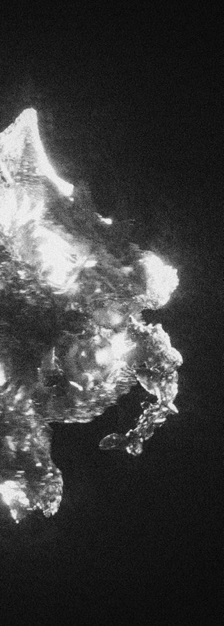 A close-up, high-contrast black-and-white image showing an abstract, heavily textured object or surface with irregular shapes against a black background.