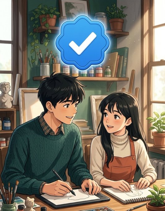 The image shows two animated artists—a man in a green sweater and a woman in a white turtleneck with overalls—drawing together at a table in a cozy art studio filled with plants, brushes, and supplies. Above them floats a blue verification checkmark icon, symbolizing authenticity and credibility, which aligns with the post's promise to help boost one's page and grow a following of 10K+ users.