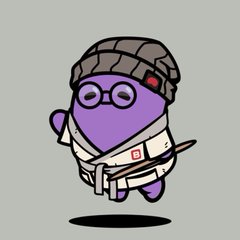 A small purple bean-shaped character wearing a gray beanie and a martial arts gi holds a wooden sword above an oval shadow. The figure relates to the post showcasing rare Beanz NFTs (#1252, #5623, #12321, #16393) that were purchased together on OpenSea for 0.1965 ETH.