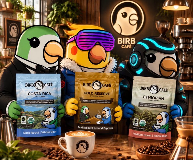 Three anthropomorphic bird characters in a café holding bags of 'BIRB CAFE' coffee labeled 'COSTA RICA', 'GOLD RESERVE', and 'ETHIOPIAN', with a latte and coffee beans on the counter.