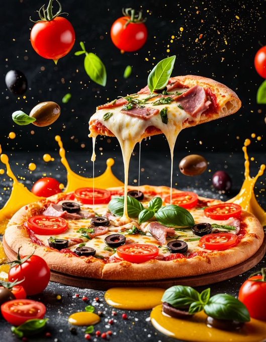 The image features a delicious pizza topped with tomatoes, olives, basil leaves, and cheese. A slice of pizza has been cut into pieces, revealing its gooey cheese and toppings. The pizza is placed on a table covered with various ingredients such as tomatoes, olives, and herbs. The background includes splashes of yellow sauce and red sauce, creating an appetizing scene that complements the mouth-watering pizza in focus.