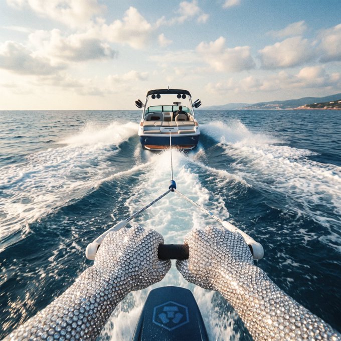 Gripping a textured handlebar from the perspective of a rider being towed behind a motorboat across choppy open water, the image captures the thrill and balance required to hold on while the boat carves through waves under a partly cloudy sky—perfectly echoing the post's call to "Grip tight. Ride it out."
