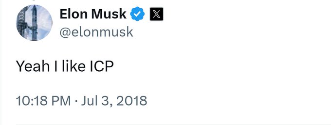 A tweet from Elon Musk (@elonmusk) reading 'Yeah I like ICP' posted on July 3, 2018 at 10:18 PM.