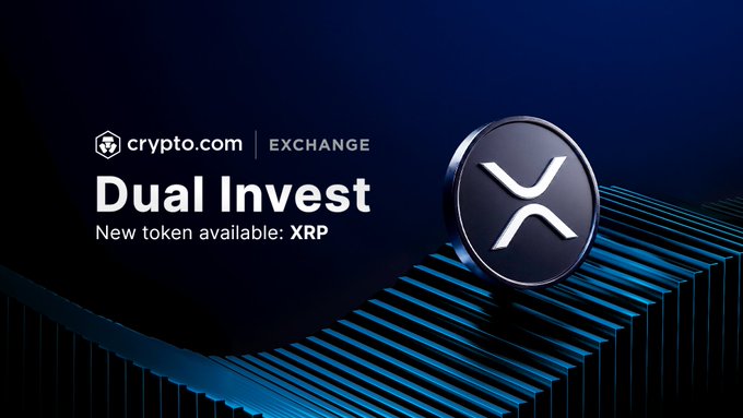 The image is a Crypto.com Exchange promotional banner with a dark blue background featuring the text "Dual Invest — New token available: XRP" alongside a prominent XRP coin resting on blue steps. It visually advertises the Dual Investment product's new support for XRP, directly aligning with the post's announcement about earning rewards on XRP holdings through flexible target price and term options.