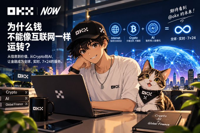 An anime-style promotional advertisement features OKX, showing a character with a laptop alongside a cat wearing an OKX bandana, promoting Internet, Crypto, and AI services with the text 'OKX | NOW' and Chinese text asking why money can't operate like the internet.