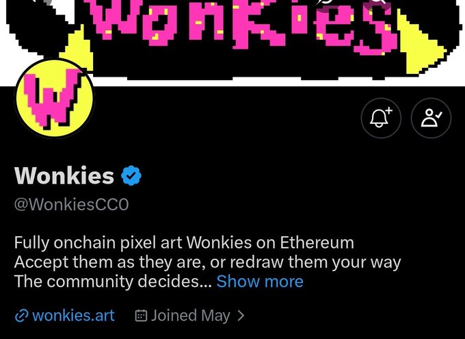 A Twitter/X profile for 'Wonkies' (@WonkiesCCO) describes itself as 'Fully onchain pixel art Wonkies on Ethereum' with website wonkies.art.