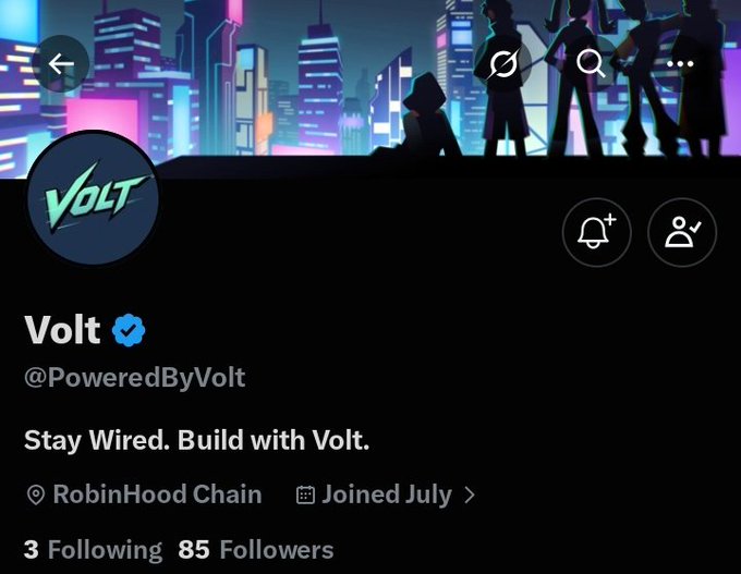 A screenshot of the Volt (@PoweredByVolt) Twitter/X profile showing 85 followers, a verified checkmark, and the tagline "Stay Wired. Build with Volt." The image illustrates the exact moment from the post when the project had 85 followers before its official launch.