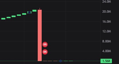 A stock chart showing a sudden vertical spike to roughly 20M in market cap (marked "DS") followed by an immediate crash to $1.56K, illustrating a rug pull where a token's apparent value collapsed instantly after briefly faking a $20M+ market cap.