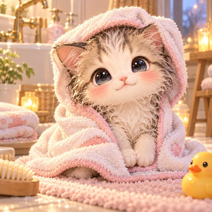 An adorable fluffy kitten with blue eyes sits wrapped in a pink and white hooded towel in a warmly lit bathroom setting, accompanied by a small yellow rubber duck.