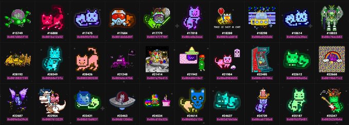 A grid of pixel art collectibles displayed against a black background, with each item labeled with a numeric ID (e.g., "#19749", "#16808") and containing various cats, game-themed sprites, and small scenes.