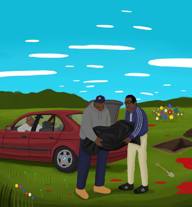 A digital illustration depicting two men carrying a black body bag near a red car and an open grave, with another man waiting inside the vehicle.