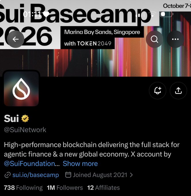 A screenshot of the verified X/Twitter profile for 'Sui' (@SuiNetwork), a high-performance blockchain, promoting 'Sui Basecamp 2026' at Marina Bay Sands, Singapore with TOKEN2049, having 1M followers.
