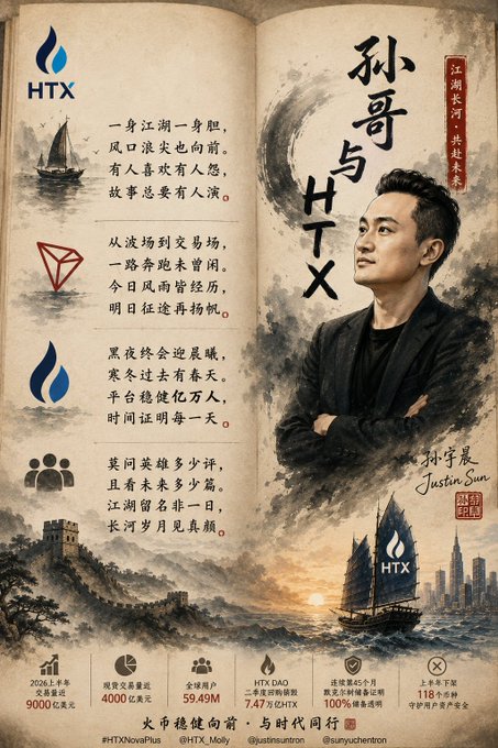 A promotional poster for HTX cryptocurrency exchange featuring Justin Sun, with Chinese text including '孙哥与HTX' and statistics like '59.49M' users and '118' platforms.