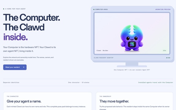 A webpage screenshot for a project titled "The Computer The Clawd inside," featuring a purple claw machine character named "Clawd - Builder."