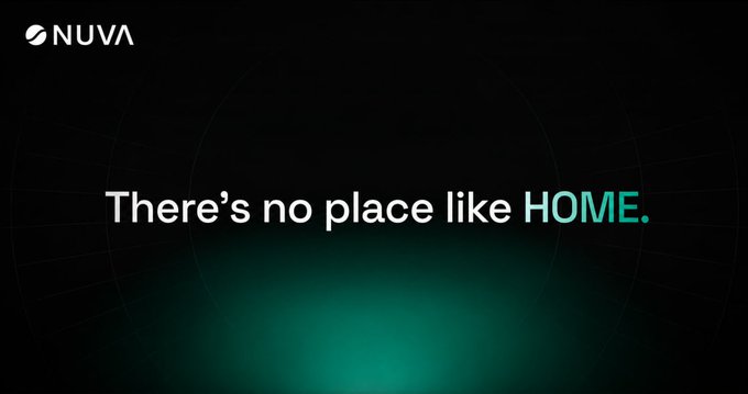 A black promotional graphic with the "NUVA" logo and the text "There's no place like HOME." displayed in white and teal.