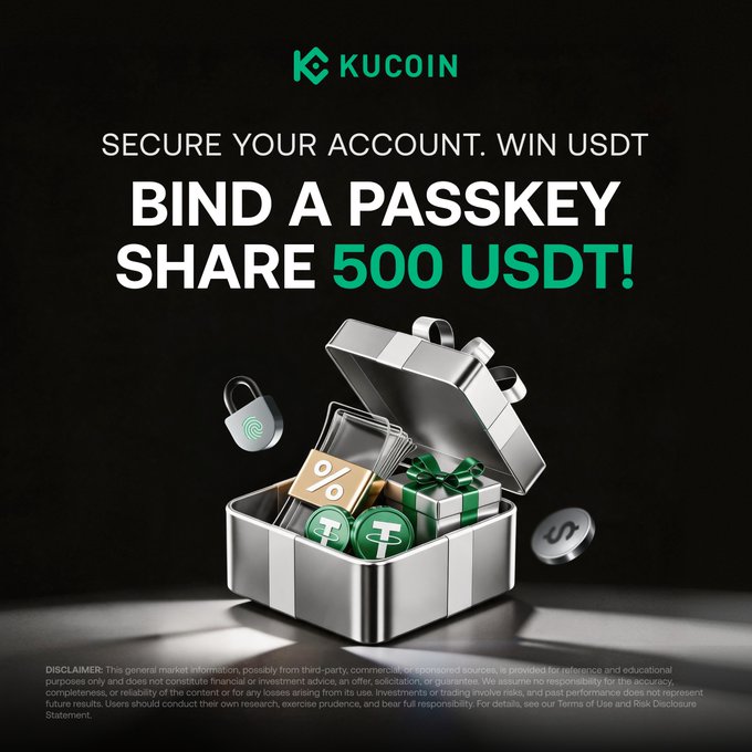 A KuCoin promotional banner reading "SECURE YOUR ACCOUNT. WIN USDT" and "BIND A PASSKEY, SHARE 500 USDT!" features a 3D render of a silver chest containing a fingerprint-locked padlock, gift box, percentage tag, and Tether (USDT) coins, directly illustrating the post's announcement of the Passkey campaign offering a 500 USDT reward pool and 10 USDT Futures Fee Coupon.