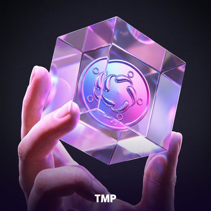A pair of hands holding a transparent cube containing a glowing pink and purple coin with a stylized symbol, branded 'TMP' at the bottom.