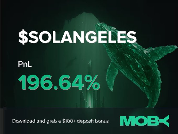 A promotional banner for Moby Mobile features a large green whale graphic alongside the text "$SOLANGELES" and a PnL of "196.64%," with a call-to-action to "Download and grab a $100+ deposit bonus." The image visually highlights the impressive 196.64% profit highlighted in the post, celebrating a trader's successful close on the $SOLANGELES token.