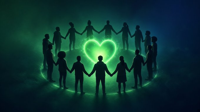 Silhouettes of people holding hands form a circle around a glowing green heart shape in a dark, atmospheric setting.