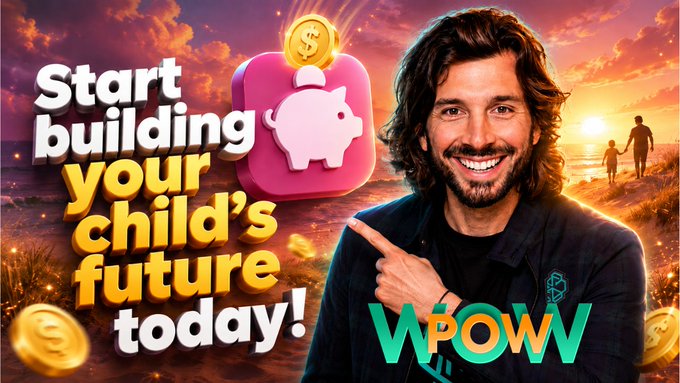 An advertisement for 'WPowW' featuring a smiling man with long hair pointing to text that reads 'Start building your child's future today!' with piggy bank graphics and gold coins.