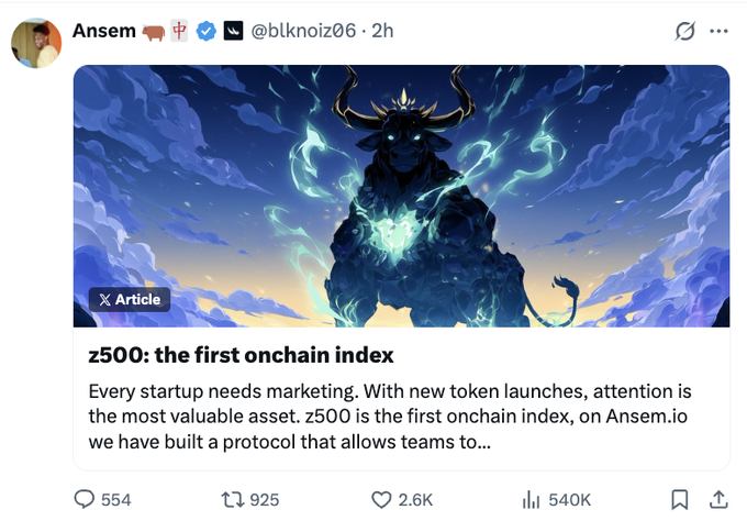 A tweet from @blknoiz06 (Ansem) shares an article titled "z500: the first onchain index," featuring fantasy artwork of a glowing horned beast with 554 replies, 925 reposts, 2.6K likes, and 540K views. The post references SPX6900, humorously suggesting the bullish "z500" index resembles SPX6900's stock-market-inspired meme coin branding.