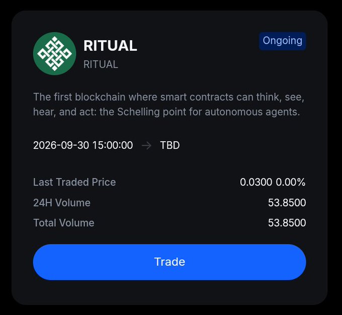 A cryptocurrency listing card for RITUAL token on what appears to be a trading platform, marked as Ongoing with text "The first blockchain where smart contracts can think, see, hear, and act: the Schelling point for autonomous agents." showing a Last Traded Price of 0.0300 and 24H Volume of 53.8500.
