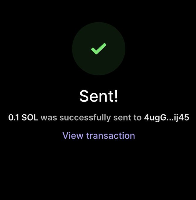 A dark confirmation screen displays a green checkmark with the text "Sent!" confirming that 0.1 SOL was successfully sent to address 4ugG...ij45, with a "View transaction" link below. The image serves as proof of the SOL tip sent to @YaniYaannii25, matching the post's claim of gifting cryptocurrency to a follower.