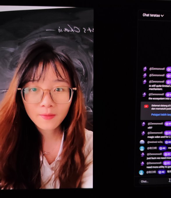 A woman with glasses shown on a livestream, with a chat window on the right displaying comments from viewers including users like @Zennonwell.