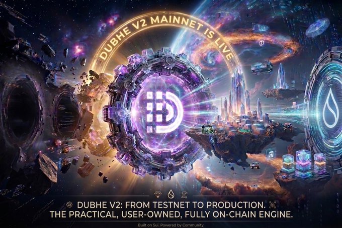 A vibrant sci-fi cosmic scene announces "DUBHE V2 MAINNET IS LIVE" with a glowing central mechanical portal featuring the Dubhe "D" logo, surrounded by floating cities, planets, and a teal Sui Network emblem on the right. The caption at the bottom reads "DUBHE V2: FROM TESTNET TO PRODUCTION. THE PRACTICAL, USER-OWNED, FULLY ON-CHAIN ENGINE," visually mirroring the post's theme of Dubhe Engine's evolution from testnet to a thriving, user-owned virtual world on the Sui Network.