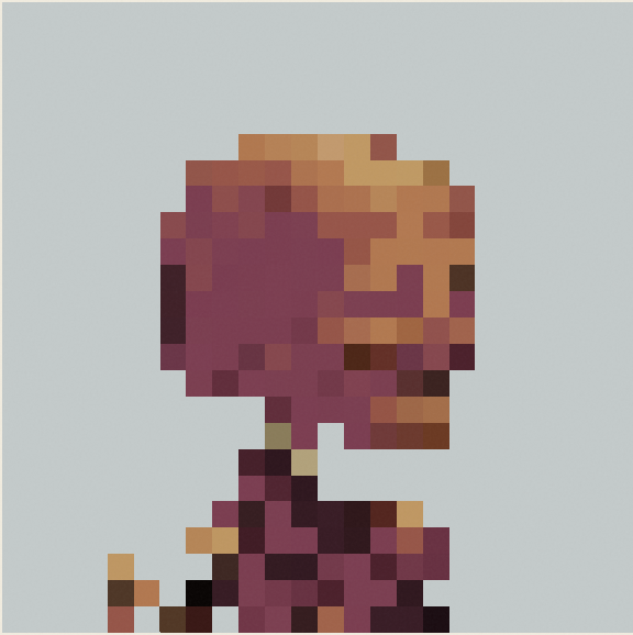 A pixel art image resembling a figure with orange and dark purple/red blocks against a light blue background.