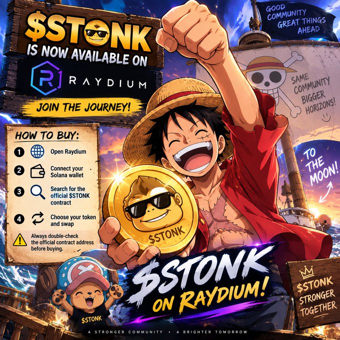 A promotional graphic featuring anime character Luffy advertising that '$STONK IS NOW AVAILABLE ON RAYDIUM', with a 'HOW TO BUY' guide and a 'Join the journey!' call to action.