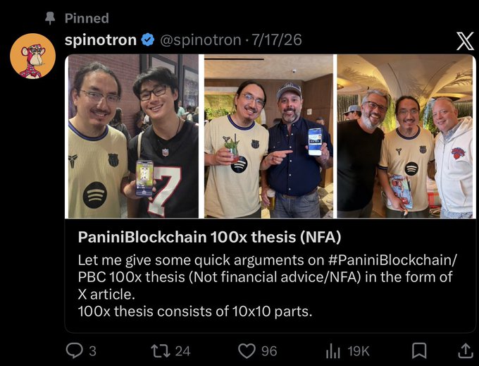 A pinned X (Twitter) post from @spinotron dated 7/17/26 titled 'PaniniBlockchain 100x thesis (NFA)' featuring photos of the author with others.