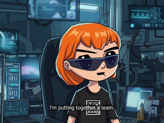 The image features a cartoon character with orange hair and sunglasses wearing a "WFG" shirt in a tech-filled room, captioned "I'm putting together a team." The post relates as the speaker is actively assembling their team by hiring a Developer Advocate, with the high-tech environment symbolizing the data platform role they're looking to fill.