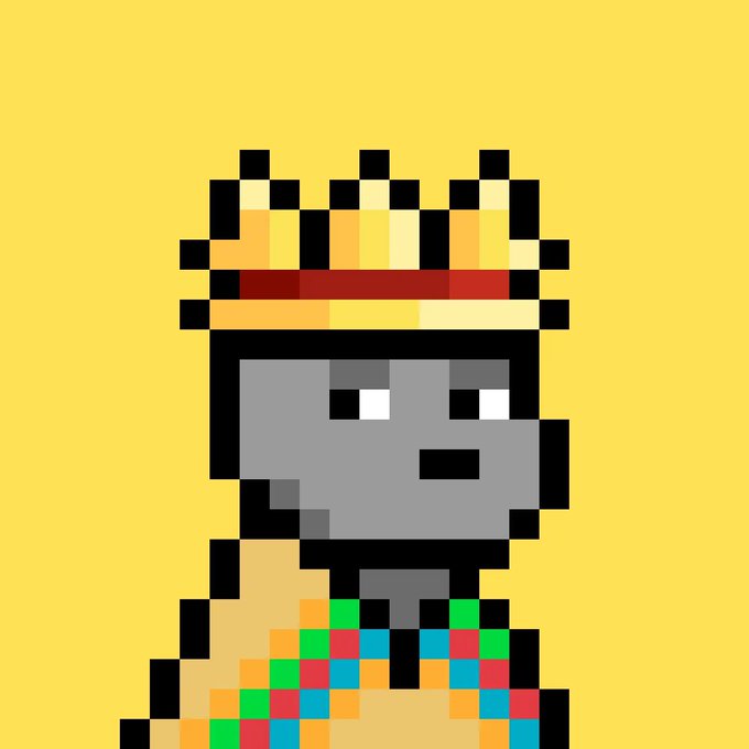 A pixel art character wearing a yellow and red crown and a colorful patterned shirt stands against a solid yellow background.