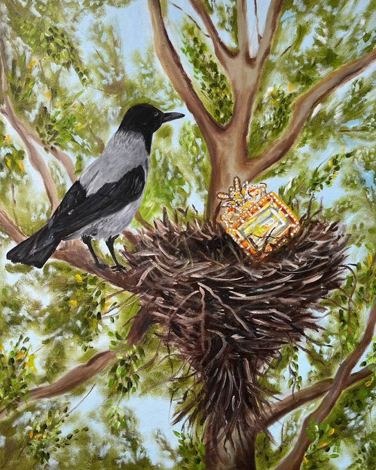 A painting of a black and grey hooded crow perched on the edge of a nest in a leafy tree, with a golden crown resting inside the nest.