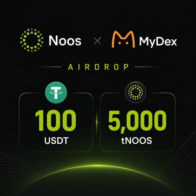 A promotional graphic for a Noos x MyDex airdrop offering 100 USDT and 5,000 tNOOS tokens on a black background with green accents.