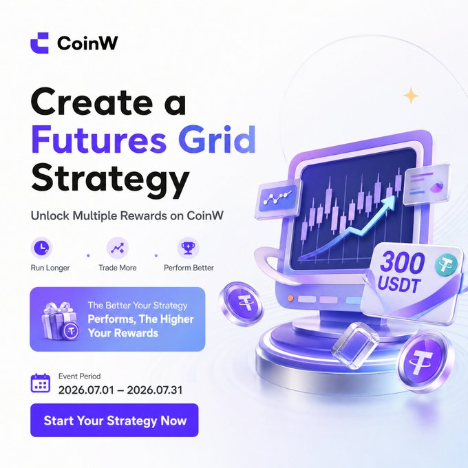 A CoinW promotional graphic inviting users to "Create a Futures Grid Strategy" between 2026.07.01 and 2026.07.31, highlighting rewards up to 300 USDT that scale with strategy performance, alongside a 3D illustration of a trading monitor and crypto coins that visually reinforces the post's call to action.